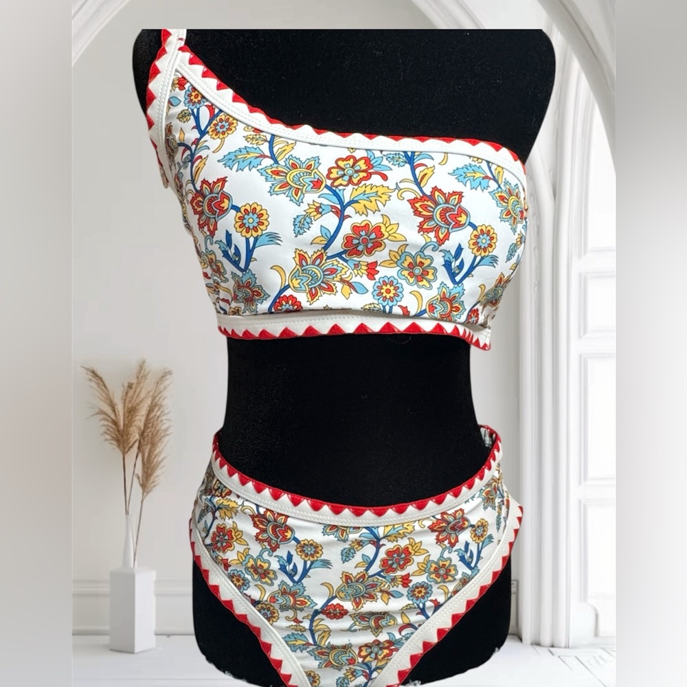 Boho One Shoulder Floral Bikini Set – Red Trim Two Piece Swims